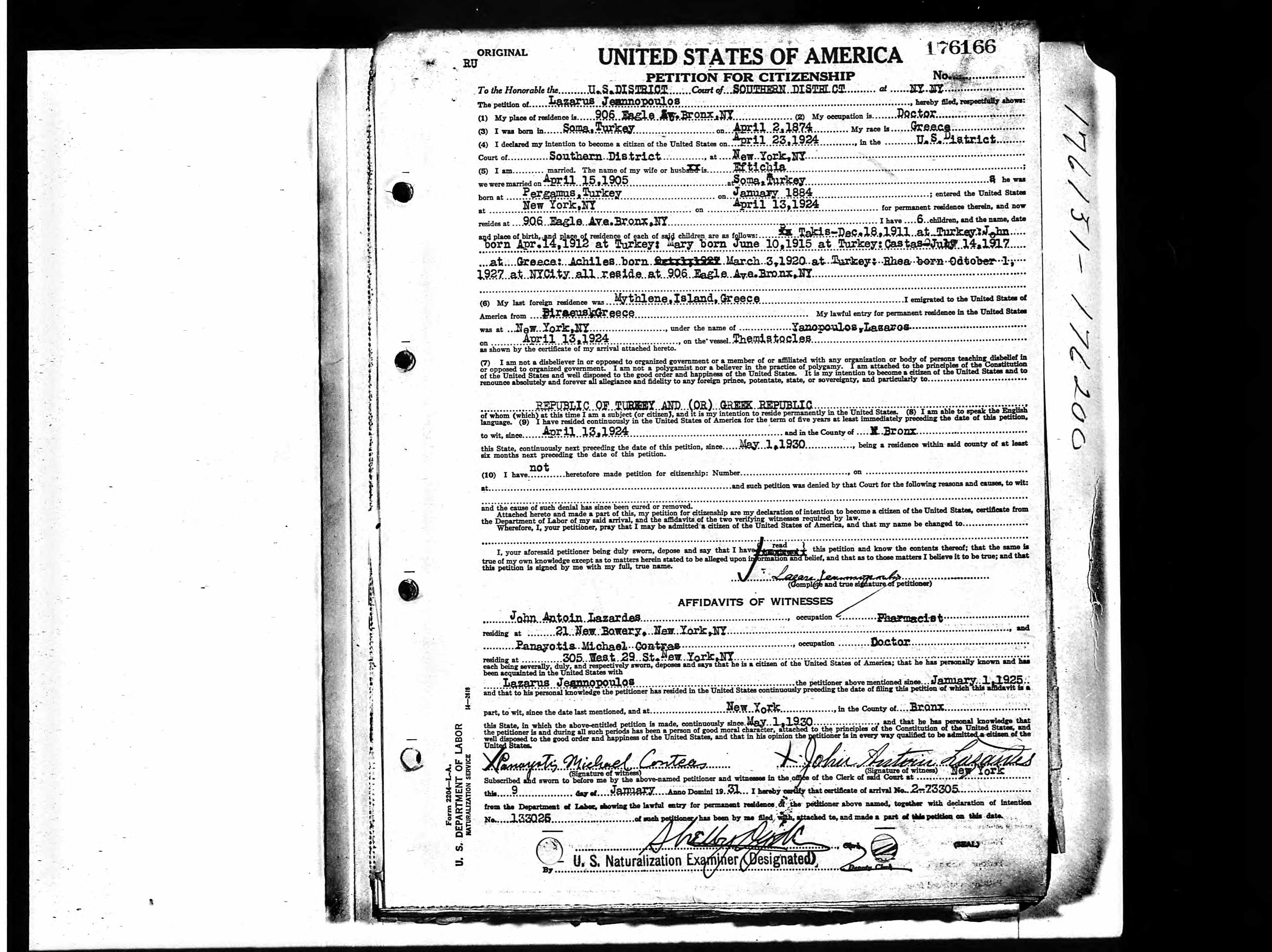 Lazaros's 1930-1931 Petition for Citizenship