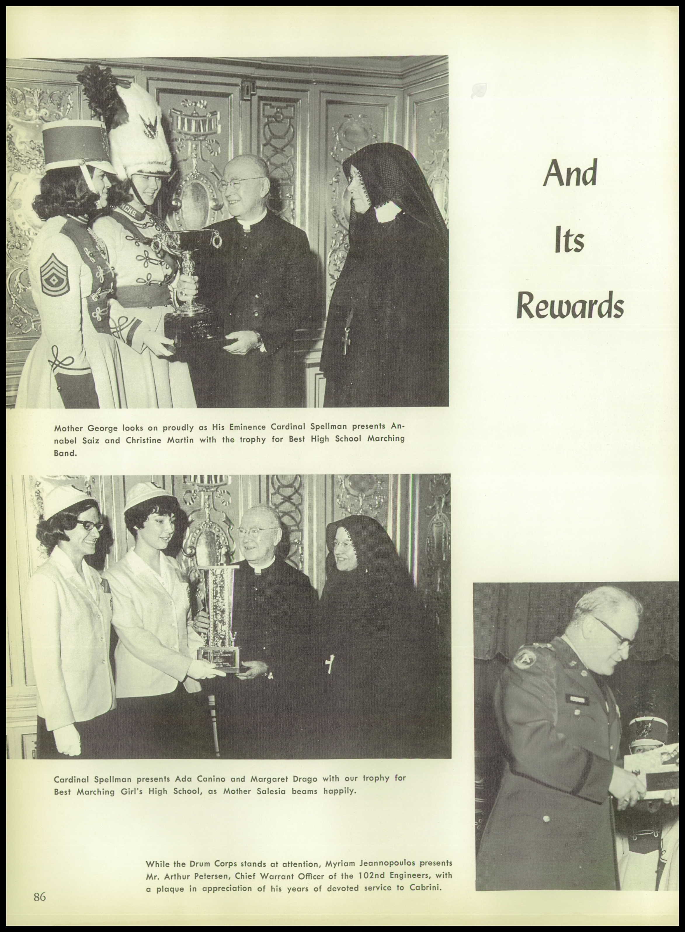 Mya presents an appreciation plaque to Mr. Arthur Petersen, USA — Mother Cabrini 1964