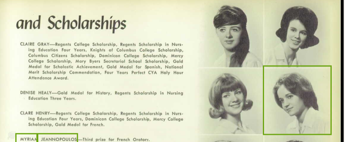 Mya's senior-year yearbook page — Mother Cabrini