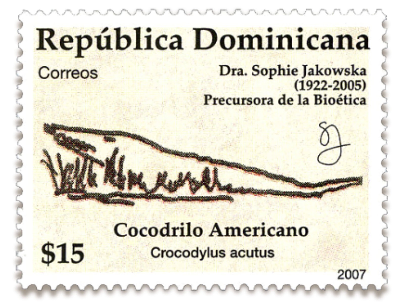 Cocodrilo Americano stamp, RD$15 — Dominican Republic, 2007