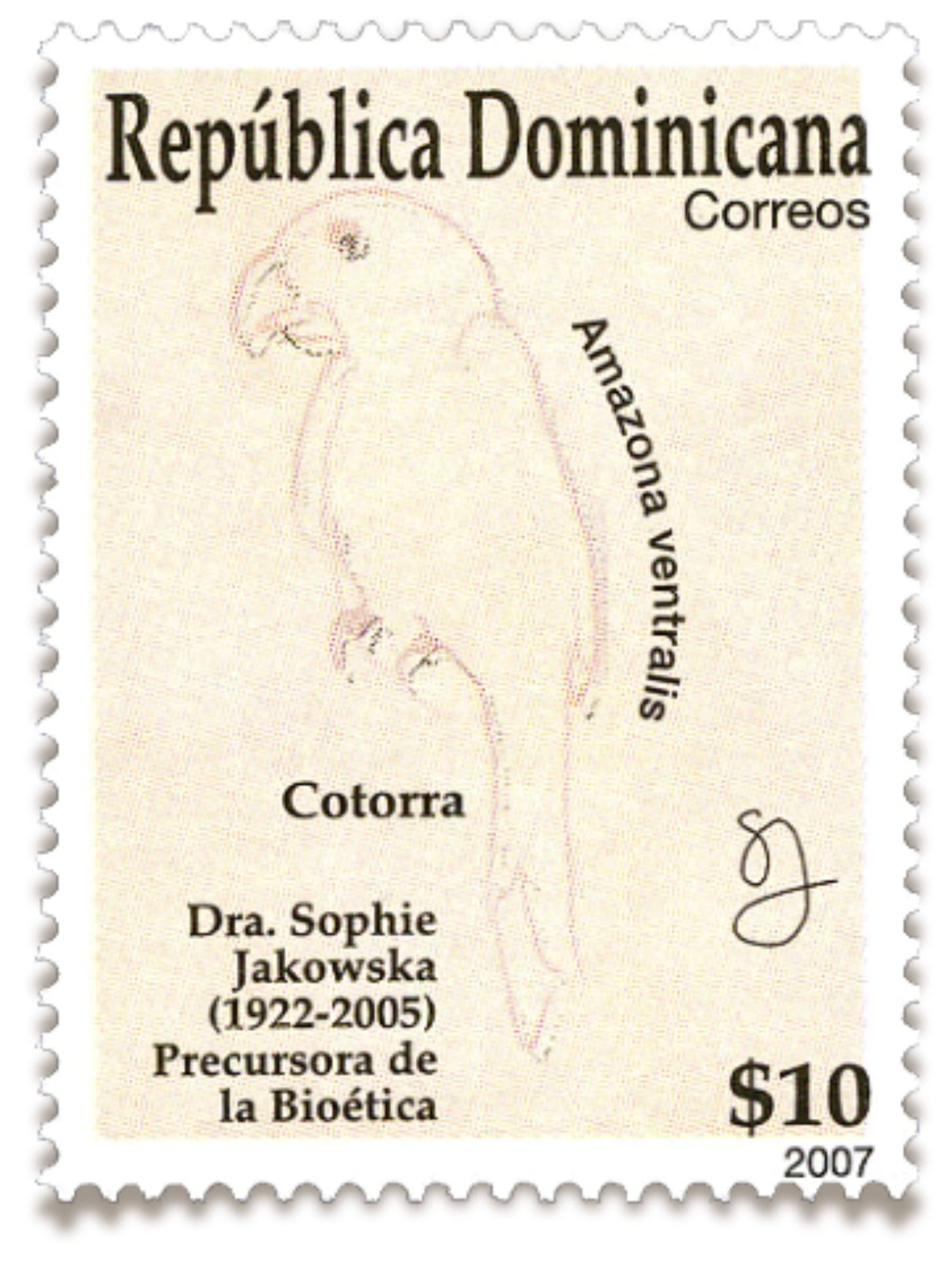 Cotorra stamp, RD$10 — Dominican Republic, 2007